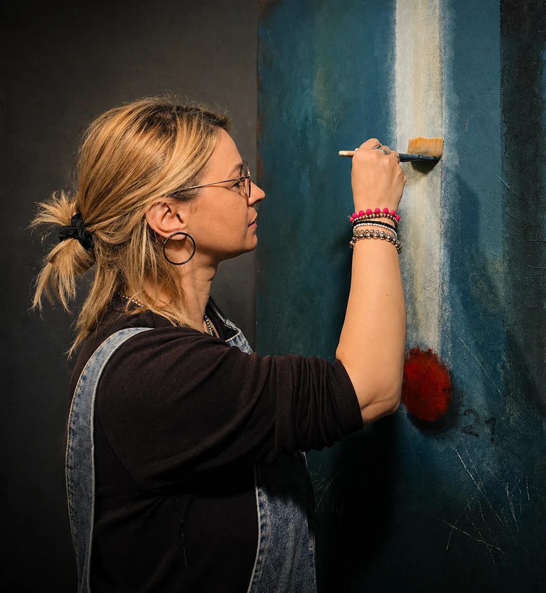 Georgiana Cotuțiu pictând în atelier